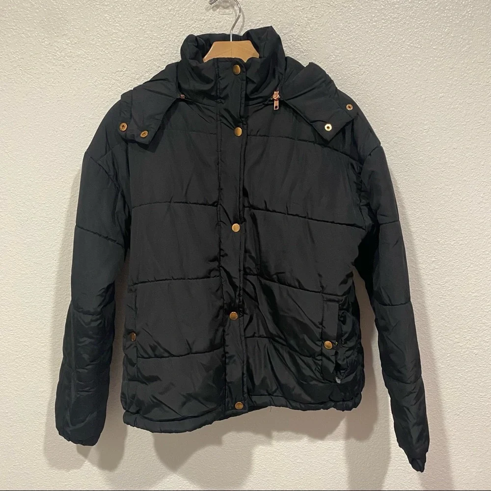 boohoo black hooded puffer zip up jacket